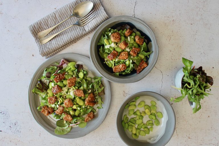 Assiette de salade de fèves avec poulet mariné, vue aérienne colorée