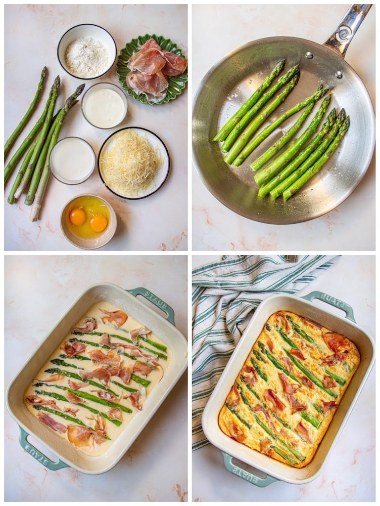Ingrédients pour quiche sans pâte aux asperges blanches sur plan de travail